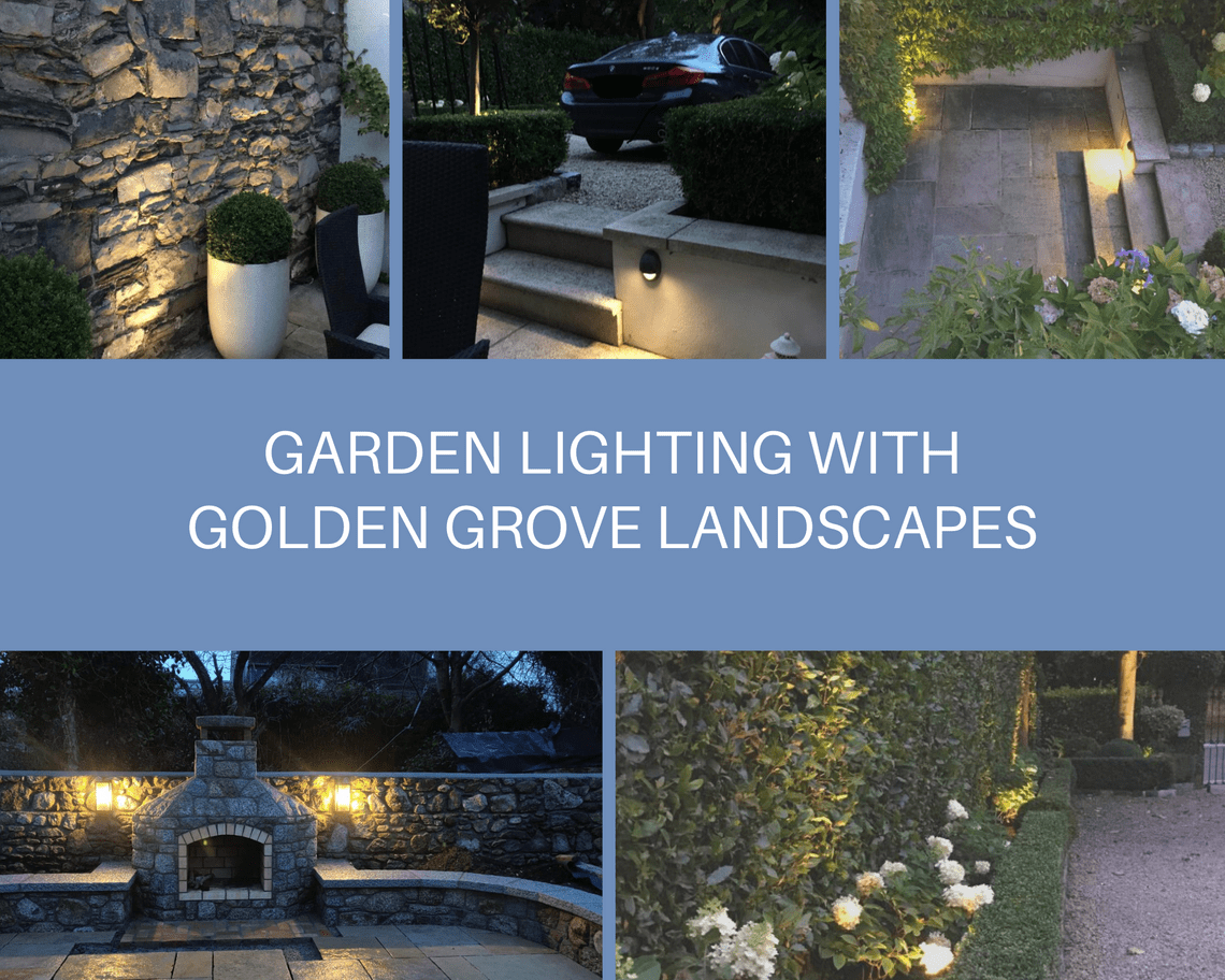 Alt=” Range of lighting in Irish gardens by Golden Grove Landscapes in Dublin showing a lit outdoor dining area, a lit driveway, a lit stone wall and a lit flowerbed”